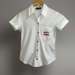 Harley Davidson Stretch Button Shirt XS White Red HD Logo Moto Top Short Sleeve
